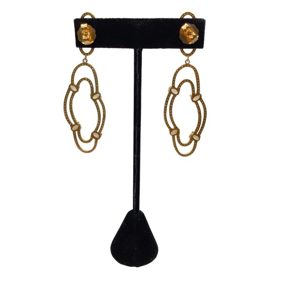 Moonstone / Pave Diamond Studded Gold Plated Drop Earrings - Picture 2 of 4